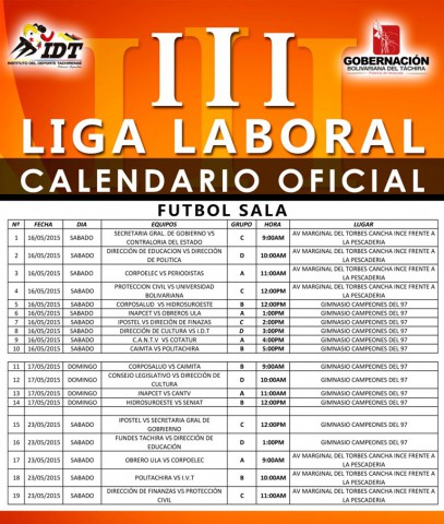 CALENDARIO FINAL DE III LIGA LABORAL FUTBOL SALA 1