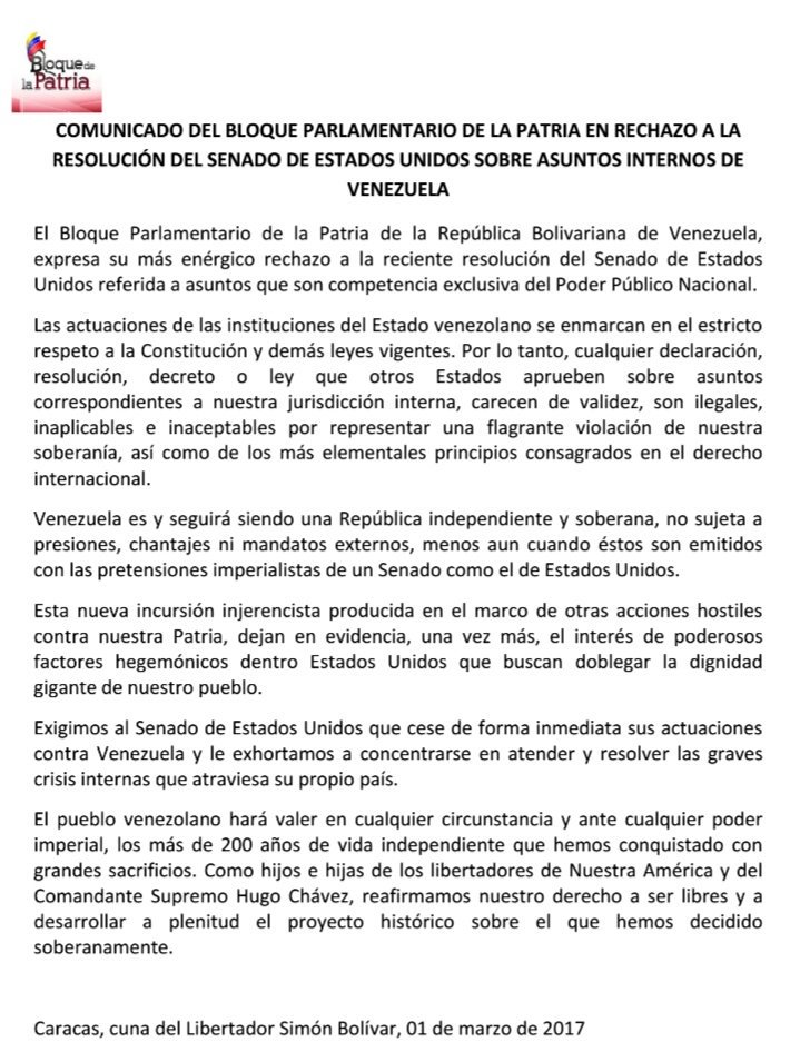 COMUNICADO BLOQUE DE LA PATRIA