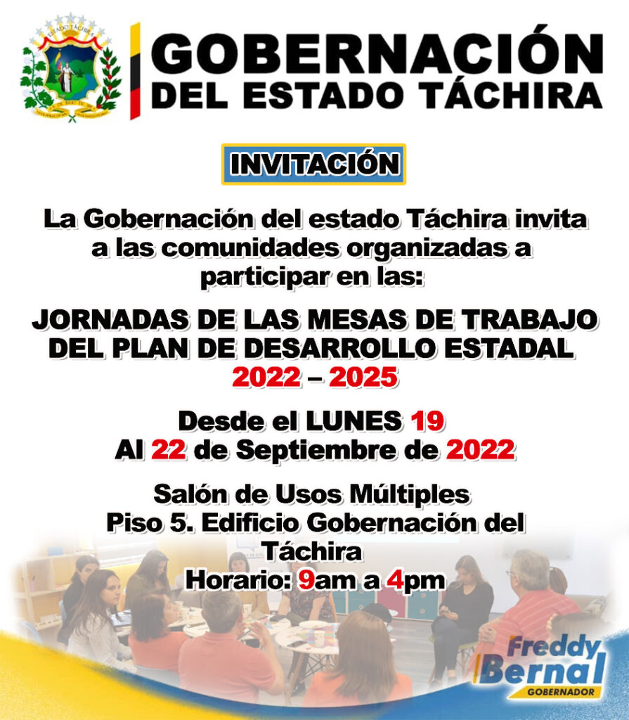 INVITACIÓN// JORNADAS DE LAS MESAS DE TRABAJO DEL PLAN DE DESARROLLO ESTADAL 2022 – 2025