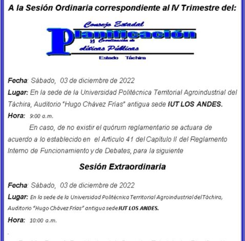 CONVOCATORIA // Integrantes del Consejo Estadal de Planificación y Coordinación de Políticas Públicas del Estado Táchira (CEPCPP-TÁCHIRA)