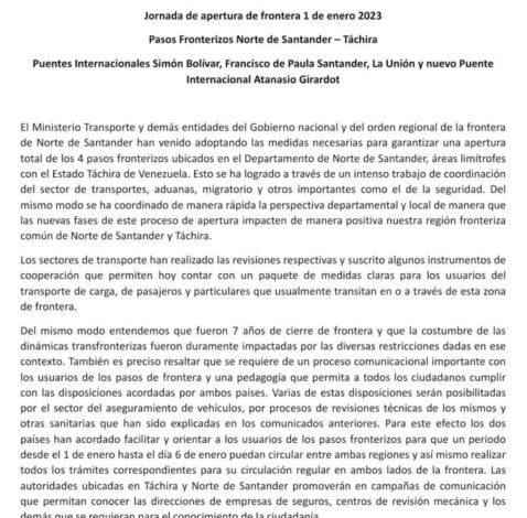 Comunicado de Prensa Jornada de apertura de frontera 1 de enero 2023