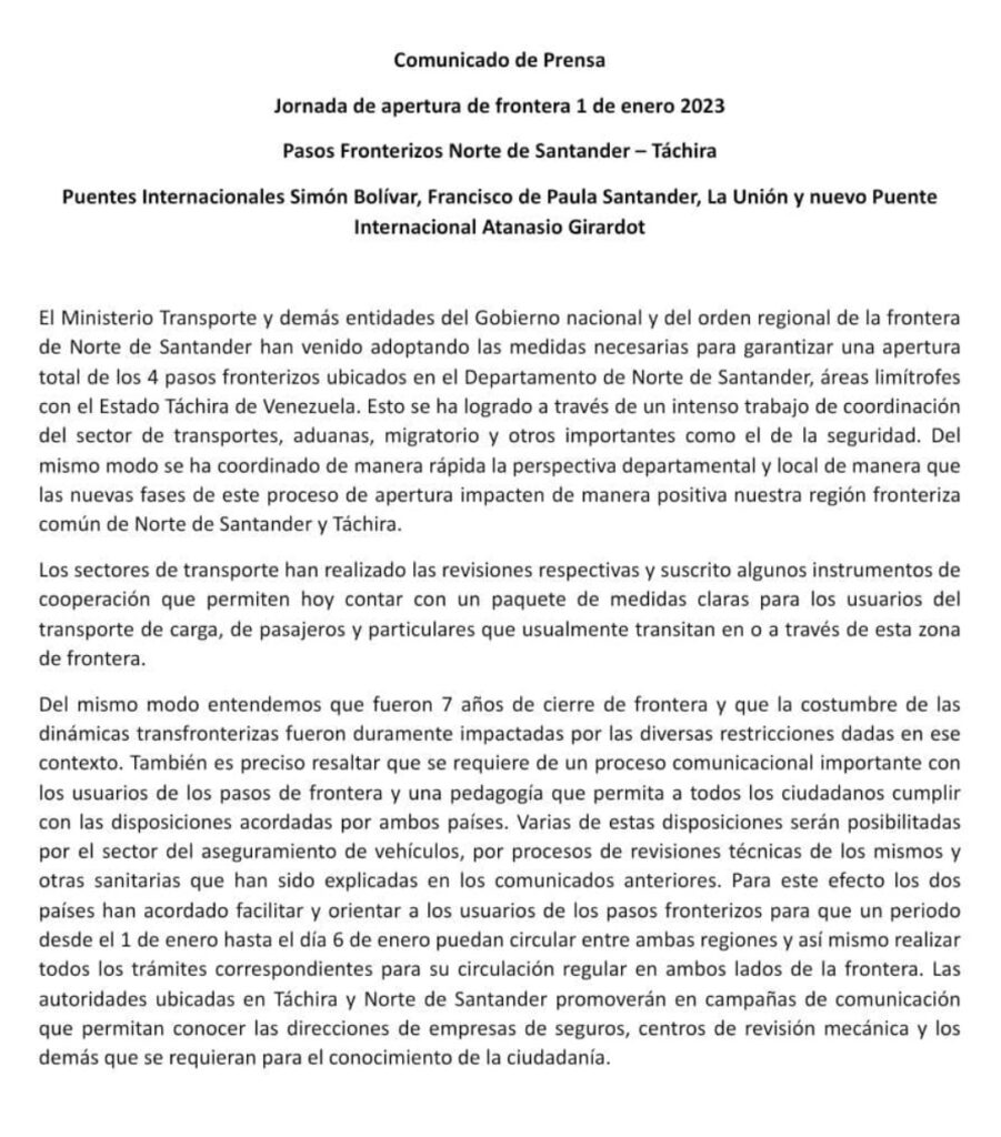 Comunicado de Prensa Jornada de apertura de frontera 1 de enero 2023
