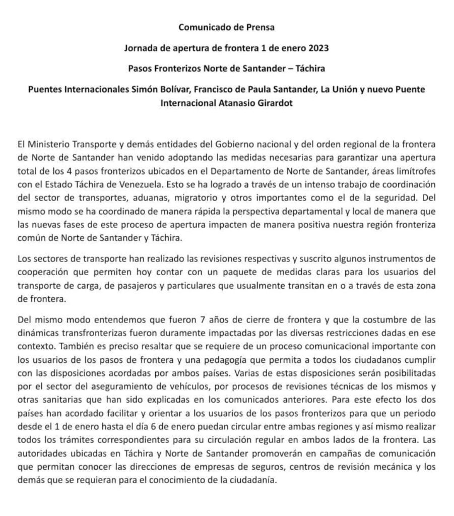 Comunicado de Prensa Jornada de apertura de frontera 1 de enero 2023
