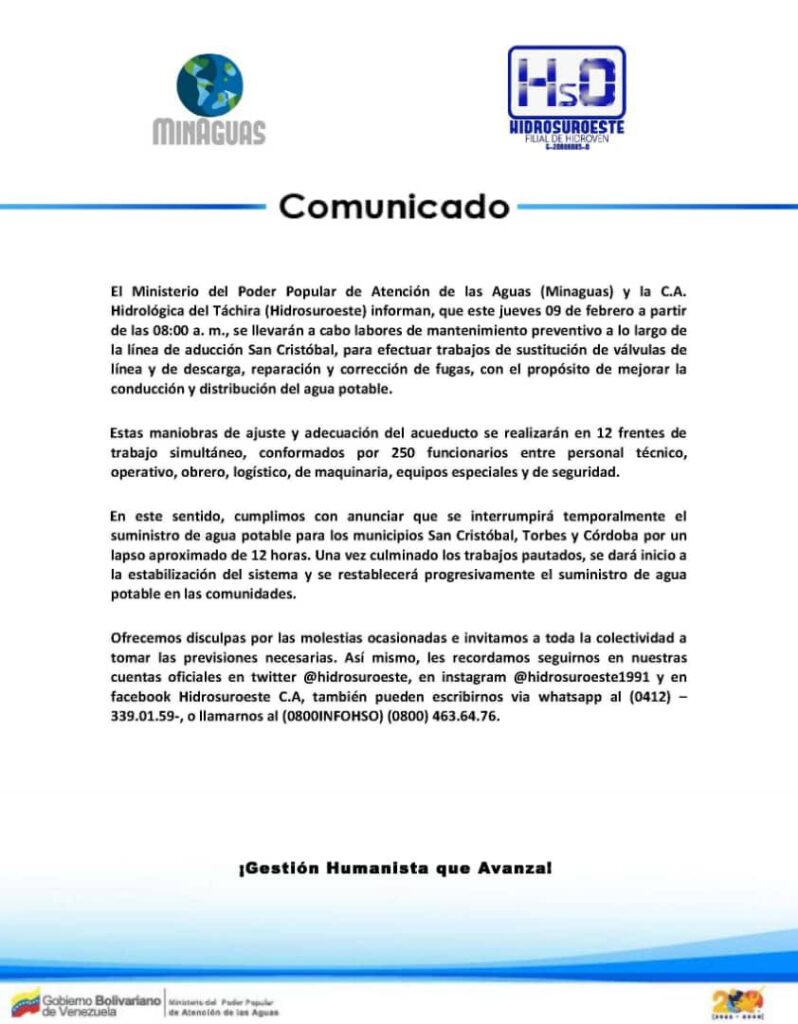 Hidrosuroeste suspenderá servicio de agua potable en San Cristóbal, Córdoba y Torbes