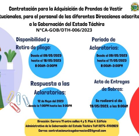 ADQUISICION DE PRENDAS DE VESTIR INSTITUCIONALES PARA EL PERSONAL DE LA GOBERNACIÓN DEL ESTADO TACHIRA