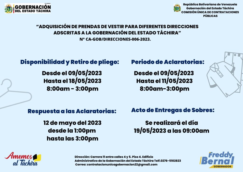 “ADQUISICIÓN DE PRENDAS DE VESTIR PARA DIFERENTES DIRECCIONES ADSCRITAS A LA GOBERNACIÓN DEL ESTADO TÁCHIRA” 