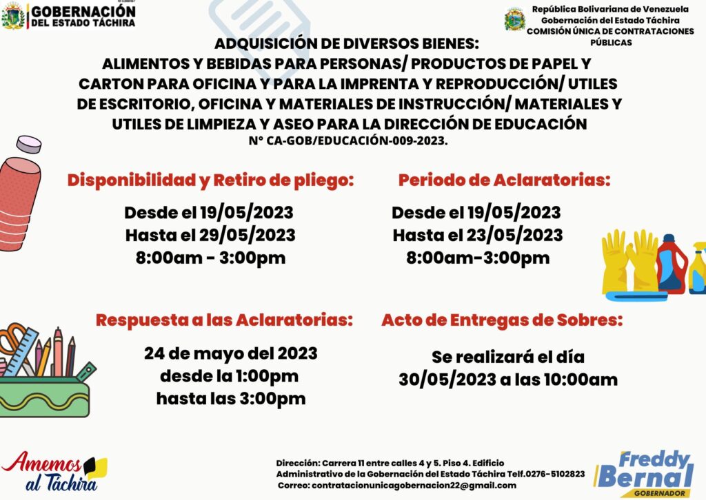 "ADQUISICION DE DIVERSOS BIENES: ALIMENTOS Y BEBIDAS PARA PERSONAS/ PRODUCTOS DE PAPEL Y CARTON PARA OFICINA Y  PARA LA IMPRENTA Y REPRODUCCION / UTILES DE ESCRITORIO, OFICINA Y MATERIALES DE INSTRUCCIÓN / TINTAS PINTURAS Y COLORANTES / MATERIALES Y UTILES DE LIMPIEZA Y ASEO PARA LA DIRECCION DE EDUCACION”