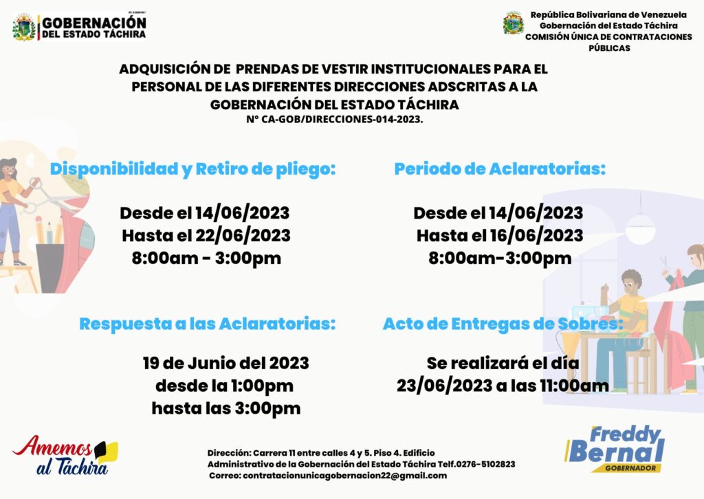 ADQUISICION DE PRENDAS DE VESTIR INSTITUCIONALES PARA EL PERSONAL DE LAS DIFERENTES DIRECCIONES ADSCRITAS A LA GOBERNACIÓN DEL ESTADO TÁCHIRA