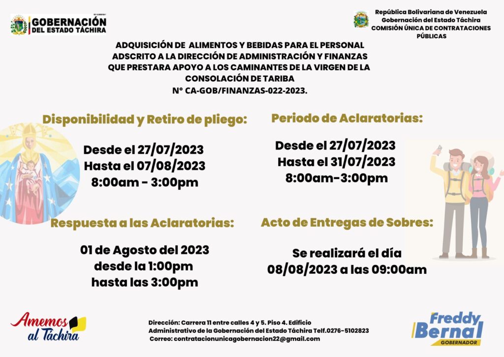 "ADQUISICIÓN DE ALIMENTOS Y BEBIDAS PARA EL PERSONAL ADSCRITO A LA DIRECCIÓN DE ADMINISTRACIÓN Y FINANZAS QUE PRESTARA APOYO A LOS CAMINANTES DE LA VIRGEN DE LA CONSOLACION DE TARIBA”