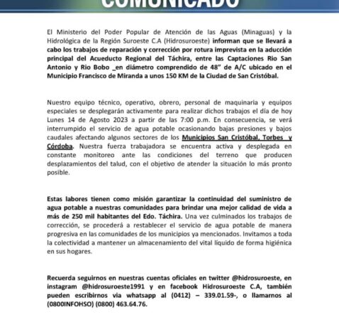 Suspenderán suministro de agua por reparaciones en Acueducto Regional en Táchira