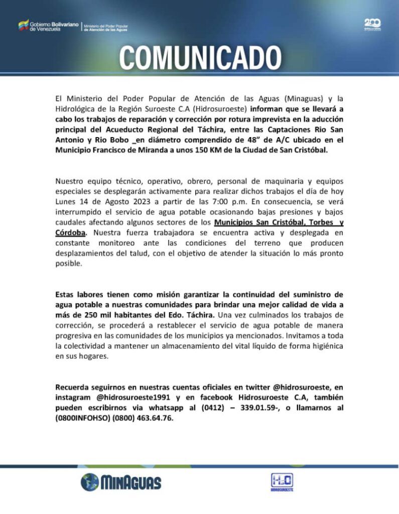 Suspenderán suministro de agua por reparaciones en Acueducto Regional en Táchira