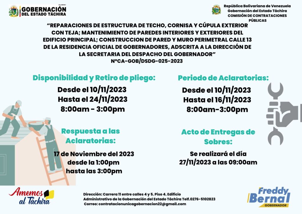“REPARACIONES DE ESTRUCTURA DE TECHO, CORNISA Y CÚPULA EXTERIOR CON TEJA; MANTENIMIENTO DE PAREDES INTERIORES Y EXTERIORES DEL EDIFICIO PRINCIPAL; CONSTRUCCION DE PARED Y MURO PERIMETRAL CALLE 13 DE LA RESIDENCIA OFICIAL DE GOBERNADORES, ADSCRITA A LA DIRECCIÓN DE LA SECRETARIA DEL DESPACHO DEL GOBERNADOR”
