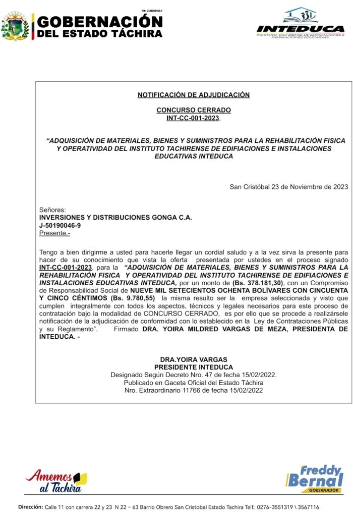 “ADQUISICIÓN DE MATERIALES, BIENES Y SUMINISTROS PARA LA REHABILITACIÓN FISICA  Y OPERATIVIDAD DEL INSTITUTO TACHIRENSE DE EDIFIACIONES E INSTALACIONES EDUCATIVAS INTEDUCA"