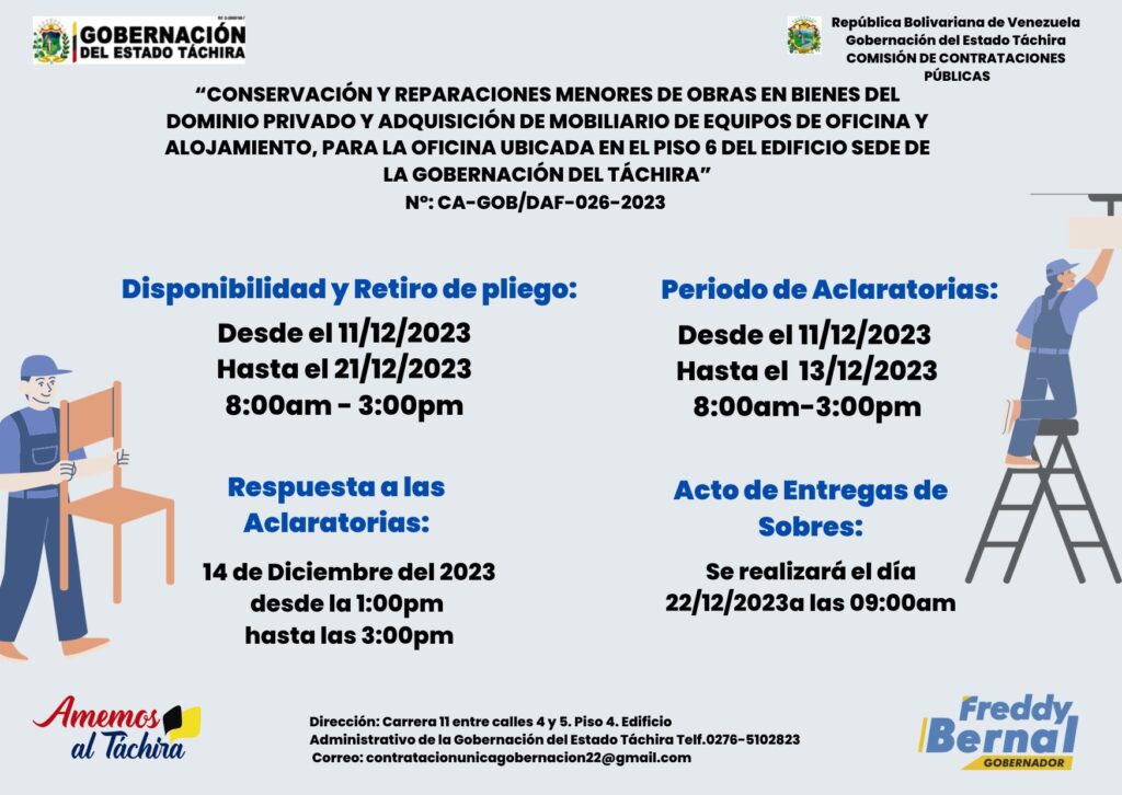 “CONSERVACIÓN Y REPARACIONES MENORES DE OBRAS EN BIENES DEL DOMINIO PRIVADO Y ADQUISICIÓN DE MOBILIARIO DE EQUIPOS DE OFICINA Y ALOJAMIENTO, PARA LA OFICINA UBICADA EN EL PISO 6 DEL EDIFICIO SEDE DE LA GOBERNACIÓN DEL TÁCHIRA”