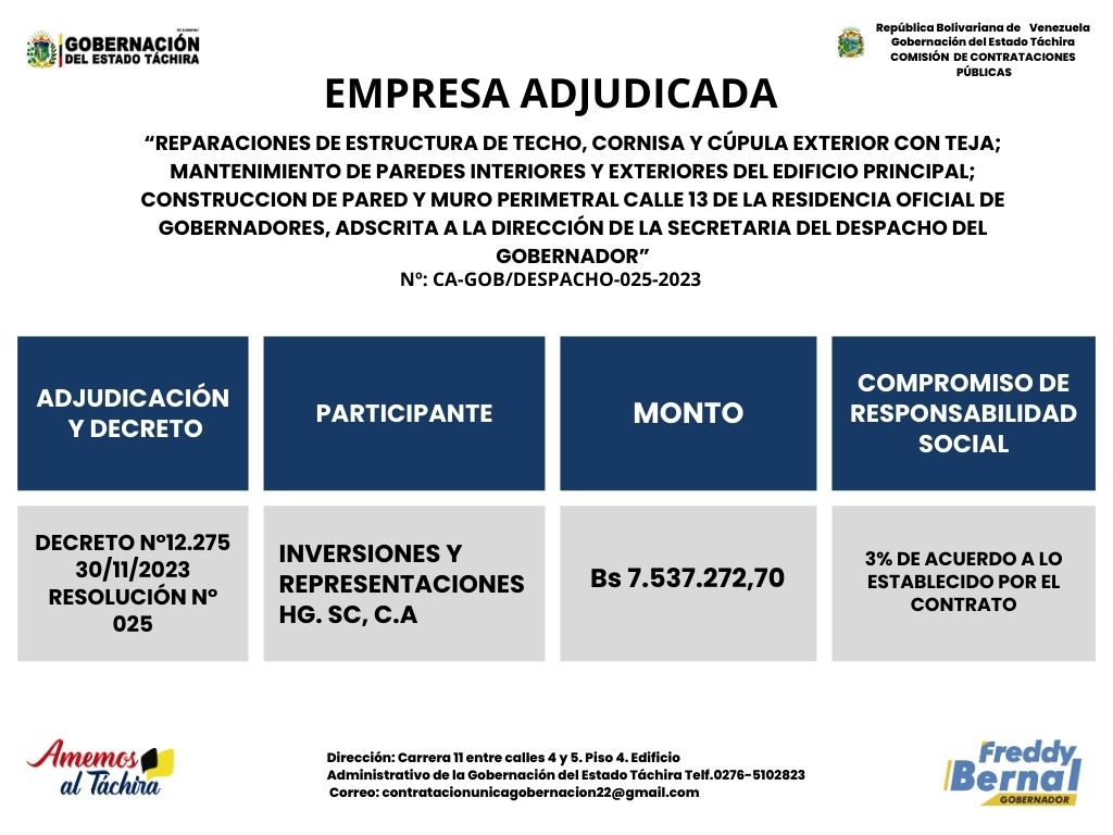 “REPARACIONES DE ESTRUCTURA DE TECHO, CORNISA Y CÚPULA EXTERIOR CON TEJA; MANTENIMIENTO DE PAREDES INTERIORES Y EXTERIORES DEL EDIFICIO PRINCIPAL; CONSTRUCCION DE PARED Y MURO PERIMETRAL CALLE 13 DE LA RESIDENCIA OFICIAL DE GOBERNADORES, ADSCRITA A LA DIRECCIÓN DE LA SECRETARIA DEL DESPACHO DEL GOBERNADOR”