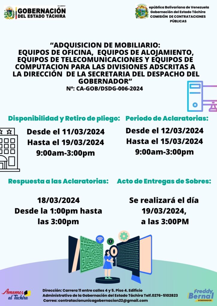 “ADQUISICION DE MOBILIARIO: EQUIPOS DE OFICINA, EQUIPOS DE ALOJAMIENTO, EQUIPOS DE TELECOMUNICACIONES Y EQUIPOS DE COMPUTACIÓN PARA LAS DIVISIONES ADSCRITAS A LA DIRECCIÓN DE LA SECRETARÍA DEL DESPACHO DEL GOBERNADOR”