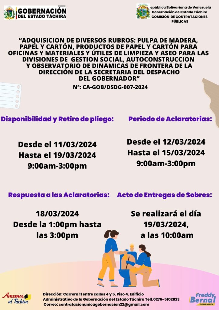 “ADQUISICION DE DIVERSOS RUBROS: PULPA DE MADERA,PAPEL Y CARTÓN, PRODUCTOS DE PAPEL Y CARTÓN PARA OFICINAS Y MATERIALES Y ÚTILES DE LIMPIEZA Y ASEO PARA LAS DIVISIONES DE GESTION SOCIAL, AUTOCONSTRUCCIONY OBSERVATORIO DE DINAMICAS DE FRONTERA DE LA DIRECCIÓN DE LA SECRETARIA DEL DESPACHO DEL GOBERNADOR”