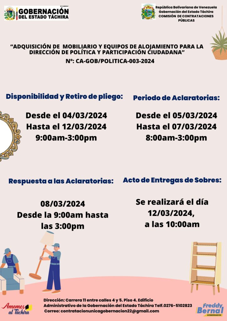 “ADQUISICIÓN DE  MOBILIARIO Y EQUIPOS DE ALOJAMIENTO PARA LA DIRECCIÓN DE POLÍTICA Y PARTICIPACIÓN CIUDADANA”