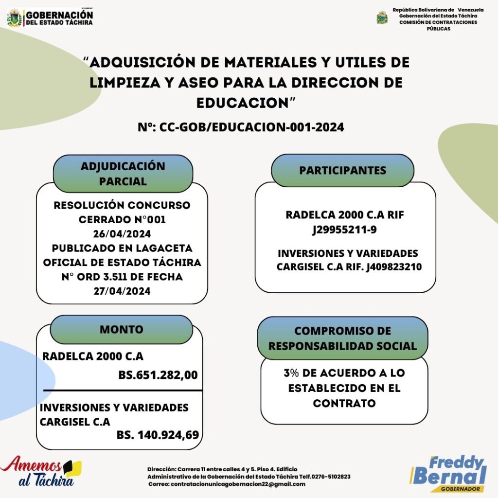 ADJUDICACIÓN: “ADQUISICIÓN DE MATERIALES Y UTILES DE LIMPIEZA Y ASEO PARA LA DIRECCION DE EDUCACION”