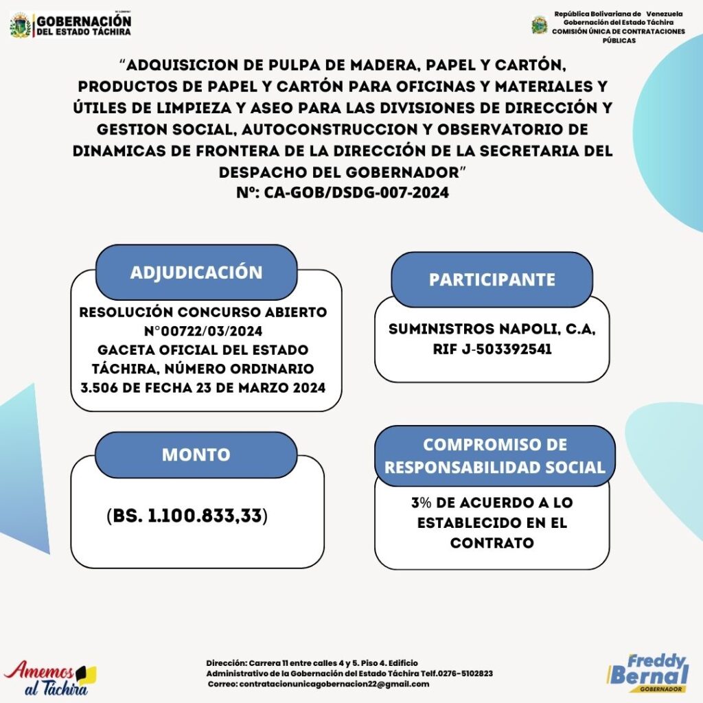 ADJUDICACIÓN: “ADQUISICION DE PULPA DE MADERA, PAPEL Y CARTÓN, PRODUCTOS DE PAPEL Y CARTÓN PARA OFICINAS Y MATERIALES Y ÚTILES DE LIMPIEZA Y ASEO PARA LAS DIVISIONES DE DIRECCIÓN Y GESTIÓN SOCIAL, AUTOCONSTRUCCIÓN Y OBSERVATORIO DE DINÁMICAS DE FRONTERA DE LA DIRECCIÓN DE LA SECRETARÍA DEL DESPACHO DEL GOBERNADOR”