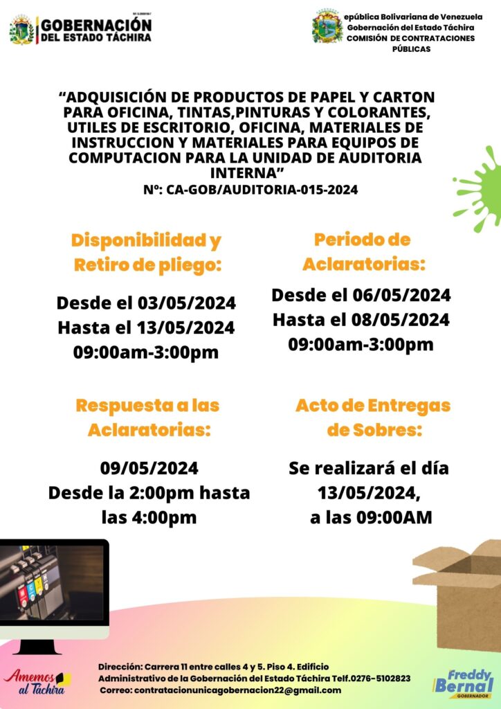 “ADQUISICIÓN DE PRODUCTOS DE PAPEL Y CARTÓN PARA OFICINA, TINTAS,PINTURAS Y COLORANTES, ÚTILES DE ESCRITORIO, OFICINA, MATERIALES DE INSTRUCCIÓN Y MATERIALES PARA EQUIPOS DE COMPUTACIÓN PARA LA UNIDAD DE AUDITORÍA INTERNA”