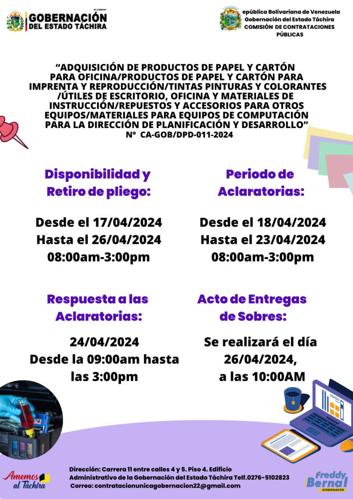“ADQUISICIÓN DE PRODUCTOS DE PAPEL Y CARTÓN PARA OFICINA/PRODUCTOS DE PAPEL Y CARTÓN PARA IMPRENTA Y REPRODUCCIÓN/TINTAS PINTURAS Y COLORANTES /ÚTILES DE ESCRITORIO, OFICINA Y MATERIALES DE INSTRUCCIÓN/REPUESTOS Y ACCESORIOS PARA OTROS EQUIPOS/MATERIALES PARA EQUIPOS DE COMPUTACIÓN PARA LA DIRECCIÓN DE PLANIFICACIÓN Y DESARROLLO”