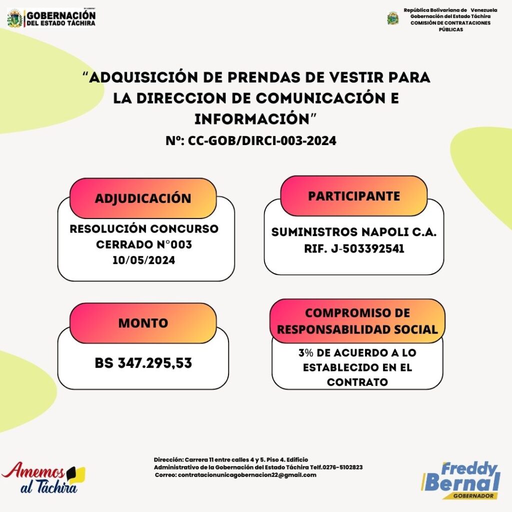 ADJUDICACIÓN:   “ADQUISICIÓN DE PRENDAS DE VESTIR PARA LA DIRECCIÓN DE COMUNICACIÓN E INFORMACIÓN”