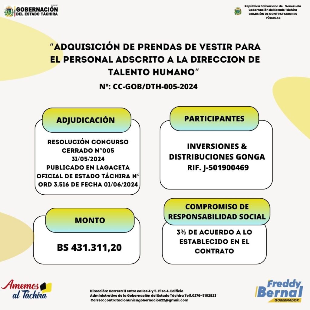ADJUDICACIÓN; “ADQUISICIÓN DE PRENDAS DE VESTIR PARA EL PERSONAL ADSCRITO A LA DIRECCIÓN DE TALENTO HUMANO”