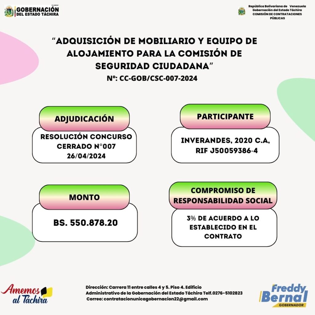 ADJUDICACIÓN; Nº: CC-GOB/CSC-007-2024 “ADQUISICIÓN DE MOBILIARIO Y EQUIPO DE ALOJAMIENTO PARA LA COMISIÓN DE SEGURIDAD CIUDADANA”