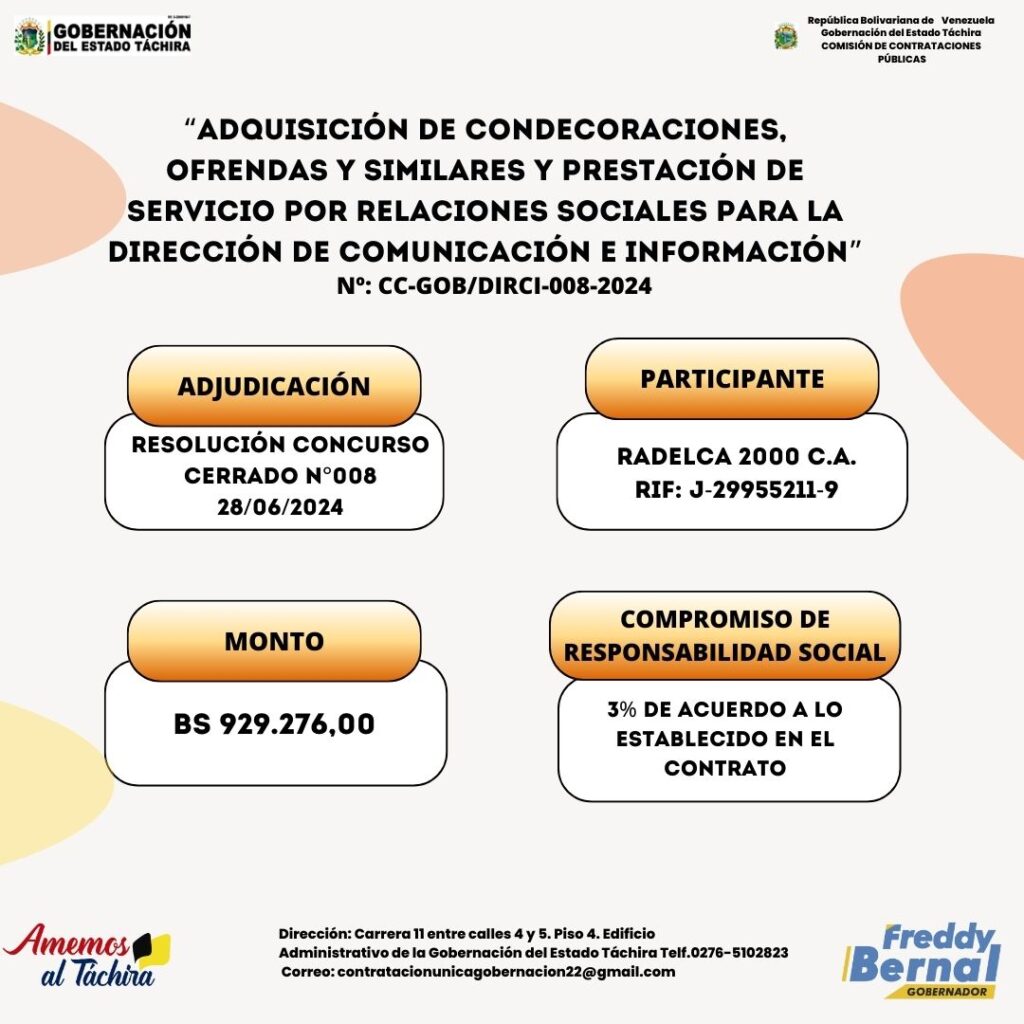 ADJUDICACION: Nº: CC-GOB/DIRCI-008-2024 “ADQUISICIÓN DE CONDECORACIONES, OFRENDAS Y SIMILARES Y PRESTACIÓN DE SERVICIO POR RELACIONES SOCIALES PARA LA DIRECCIÓN DE COMUNICACIÓN E INFORMACIÓN”