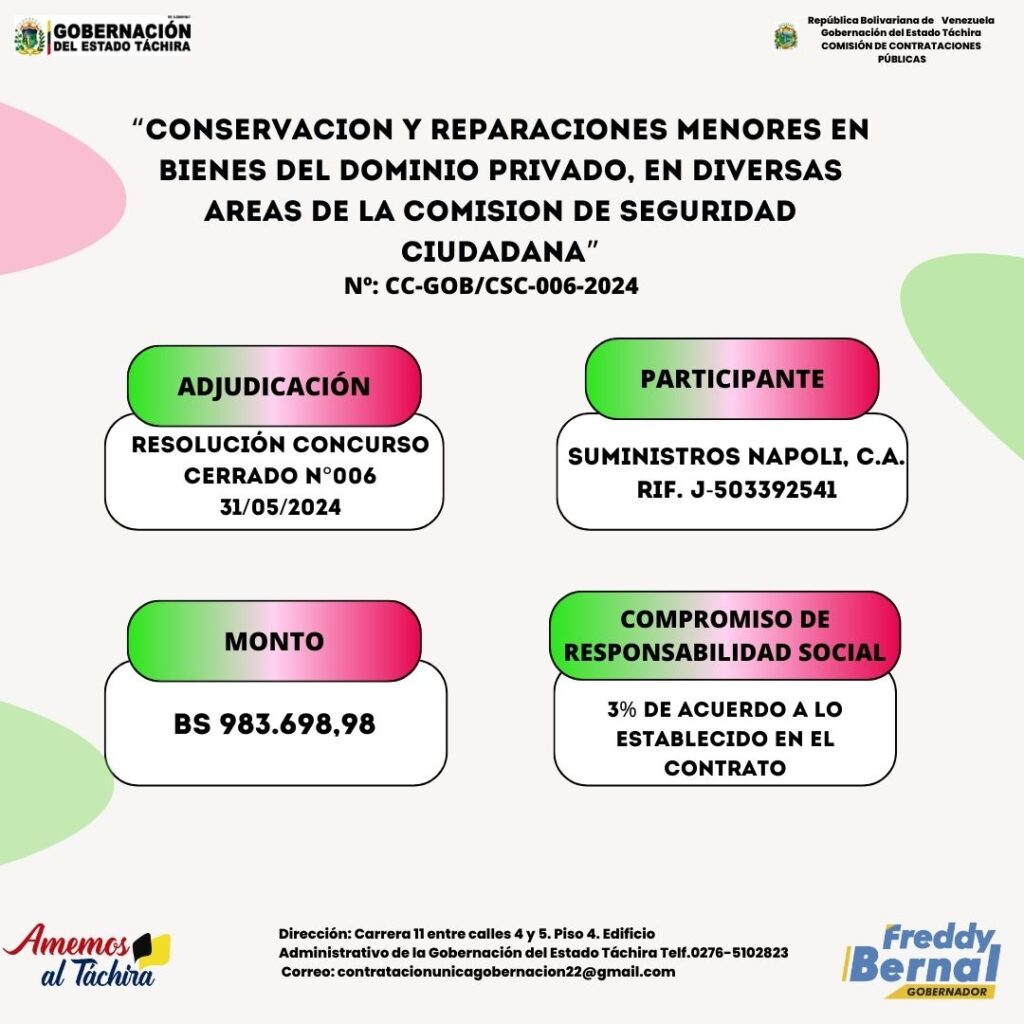 ADJUDICACION; Nº: CC-GOB/CSC-006-2024 “CONSERVACION Y REPARACIONES MENORES EN BIENES DEL DOMINIO PRIVADO, EN DIVERSAS AREAS DE LA COMISION DE SEGURIDAD CIUDADANA”