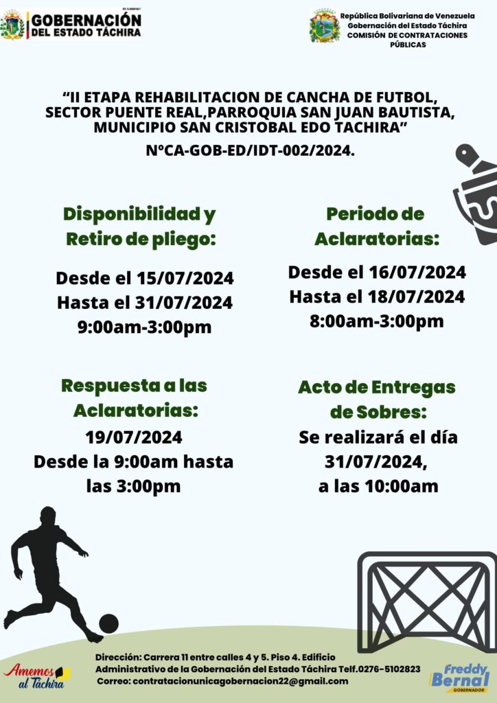 “II Etapa rehabilitación de cancha de fútbol, sector puente real,parroquia san juan bautista, municipio San Cristobal Edo Tachira”