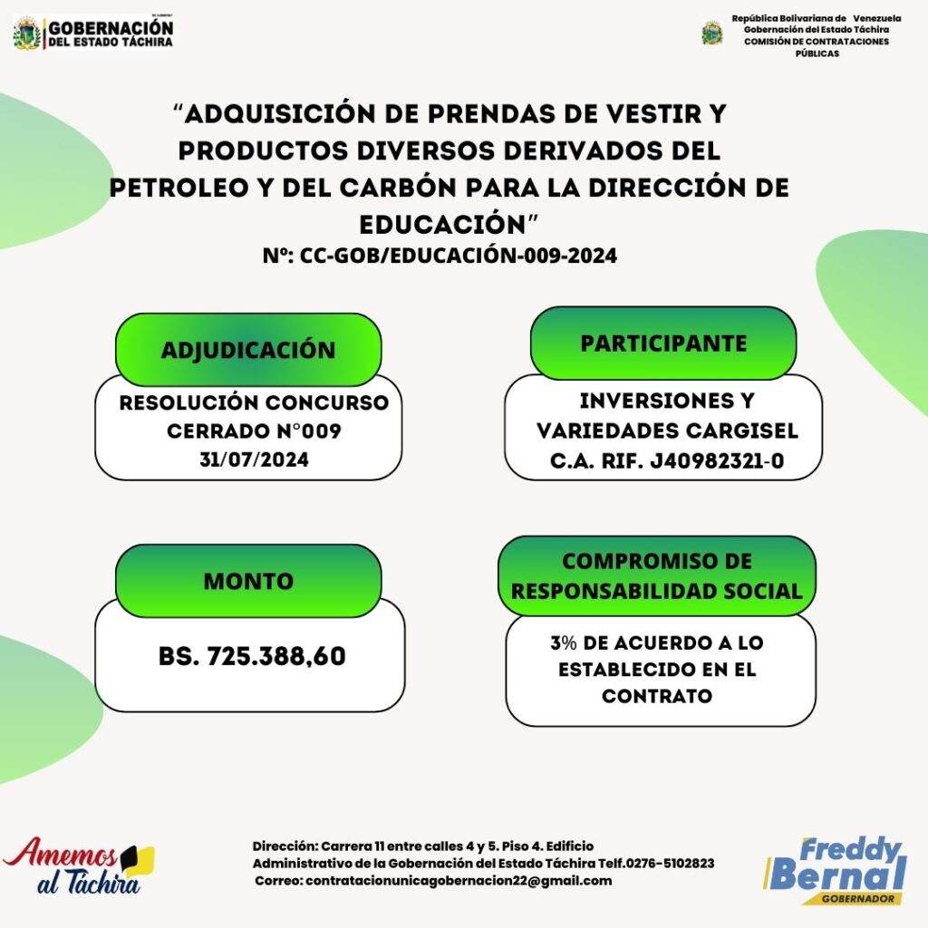 Adjudicación:“ADQUISICIÓN DE PRENDAS DE VESTIR Y PRODUCTOS DIVERSOS DERIVADOS DEL PETRÓLEO Y DEL CARBÓN PARA LA DIRECCIÓN DE EDUCACIÓN” 
