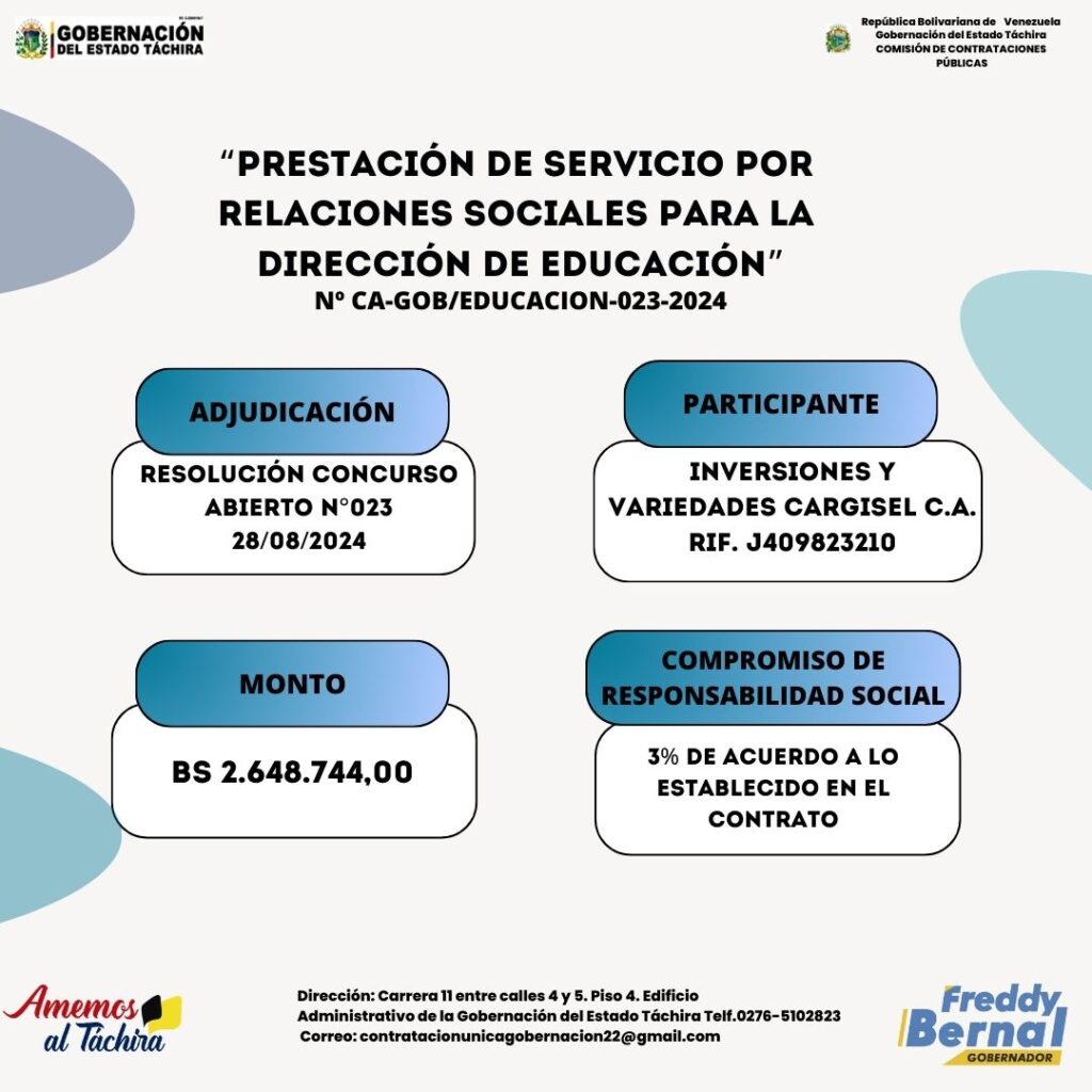 Adjudicación: “PRESTACIÓN DE SERVICIO POR RELACIONES SOCIALES PARA LA DIRECCIÓN DE EDUCACIÓN”