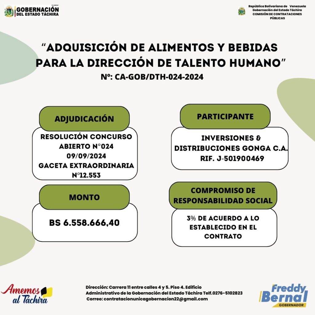 Adjudicación; “ADQUISICIÓN DE ALIMENTOS Y BEBIDAS PARA LA DIRECCIÓN DE TALENTO HUMANO”