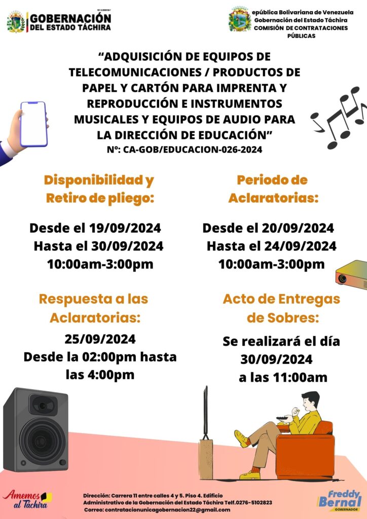 “ADQUISICIÓN DE EQUIPOS DE TELECOMUNICACIONES / PRODUCTOS DE PAPEL Y CARTÓN PARA IMPRENTA Y REPRODUCCIÓN E INSTRUMENTOS MUSICALES Y EQUIPOS DE AUDIO PARA LA DIRECCIÓN DE EDUCACIÓN”