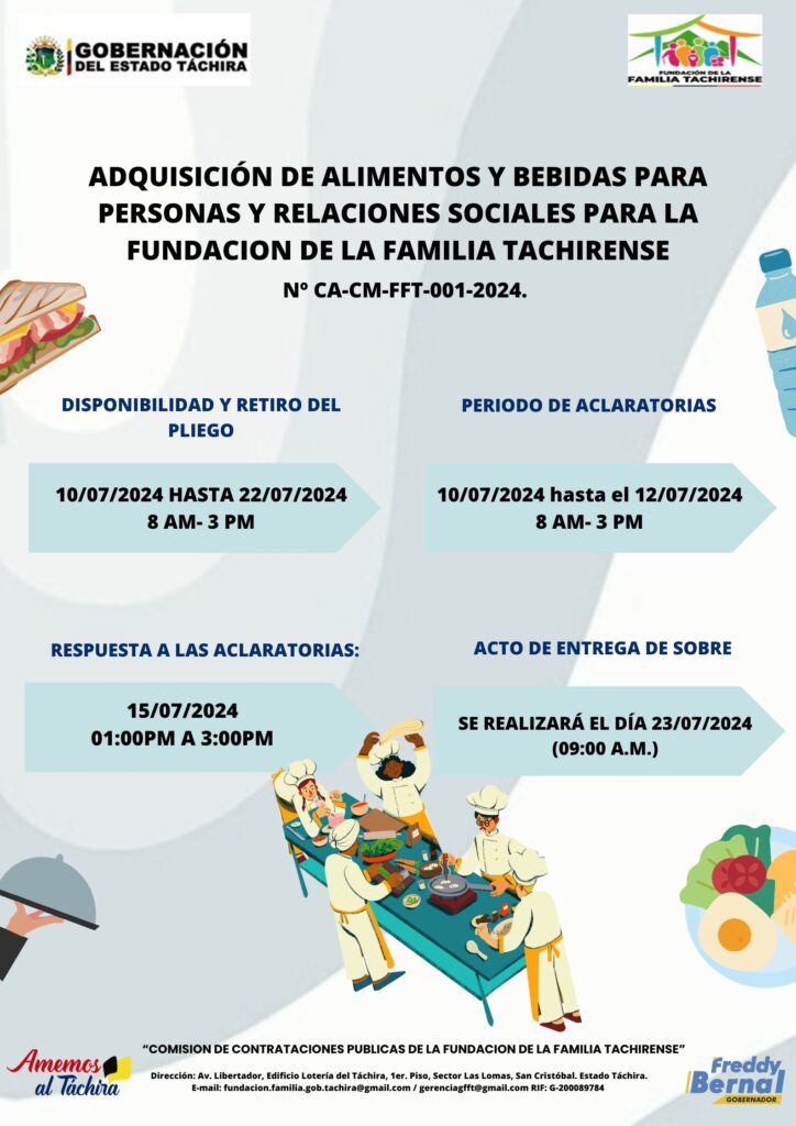 ADQUISICIÓN DE ALIMENTOS Y BEBIDAS PARA PERSONAS Y RELACIONES SOCIALES PARA LA FUNDACIÓN DE LA FAMILIA TACHIRENSE