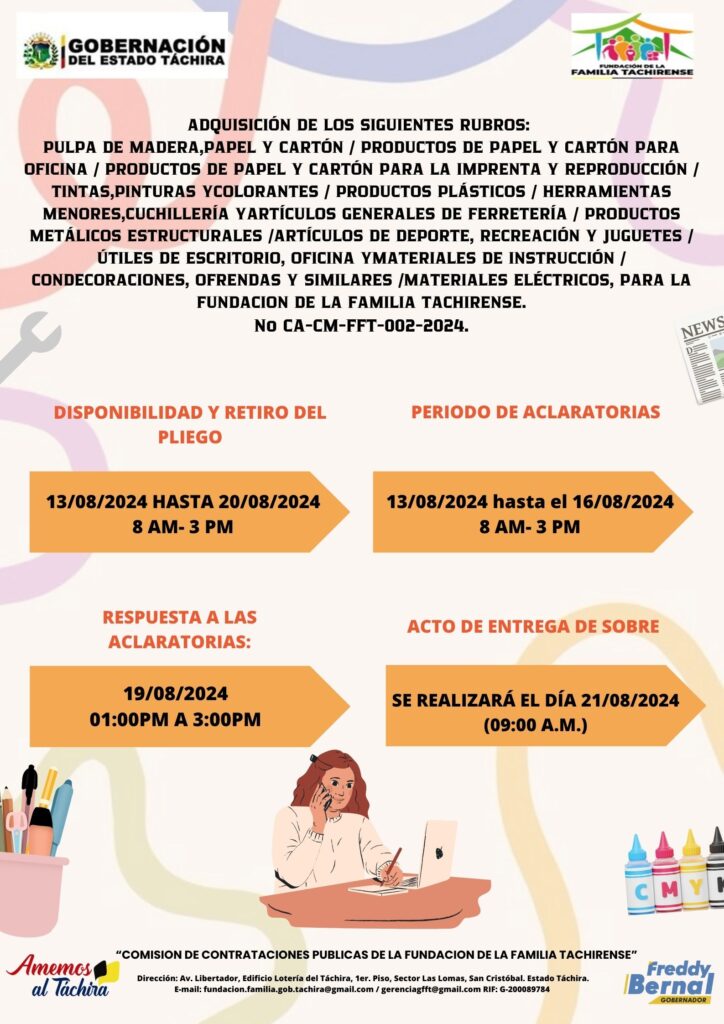 ADQUISICIÓN DE LOS SIGUIENTES RUBROS: PULPA DE MADERA,PAPEL Y CARTÓN / PRODUCTOS DE PAPEL Y CARTÓN PARA OFICINA / PRODUCTOS DE PAPEL Y CARTÓN PARA LA IMPRENTA Y REPRODUCCIÓN / TINTAS,PINTURAS Y COLORANTES / PRODUCTOS PLÁSTICOS / HERRAMIENTAS MENORES,CUCHILLERÍA Y ARTÍCULOS GENERALES DE FERRETERÍA / PRODUCTOS METÁLICOS ESTRUCTURALES /ARTÍCULOS DE DEPORTE, RECREACIÓN Y JUGUETES / ÚTILES DE ESCRITORIO, OFICINA Y MATERIALES DE INSTRUCCIÓN / CONDECORACIONES, OFRENDAS Y SIMILARES /MATERIALES ELÉCTRICOS, PARA LA FUNDACIÓN DE LA FAMILIA TACHIRENSE