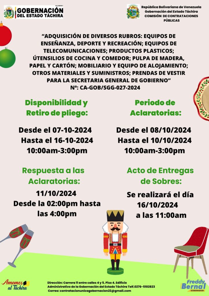 “ADQUISICIÓN DE DIVERSOS RUBROS: EQUIPOS DE ENSEÑANZA, DEPORTE Y RECREACIÓN; EQUIPOS DE TELECOMUNICACIONES; PRODUCTOS PLÁSTICOS; UTENSILIOS DE COCINA Y COMEDOR; PULPA DE MADERA, PAPEL Y CARTÓN; MOBILIARIO Y EQUIPO DE ALOJAMIENTO; OTROS MATERIALES Y SUMINISTROS; PRENDAS DE VESTIR PARA LA SECRETARIA GENERAL DE GOBIERNO”