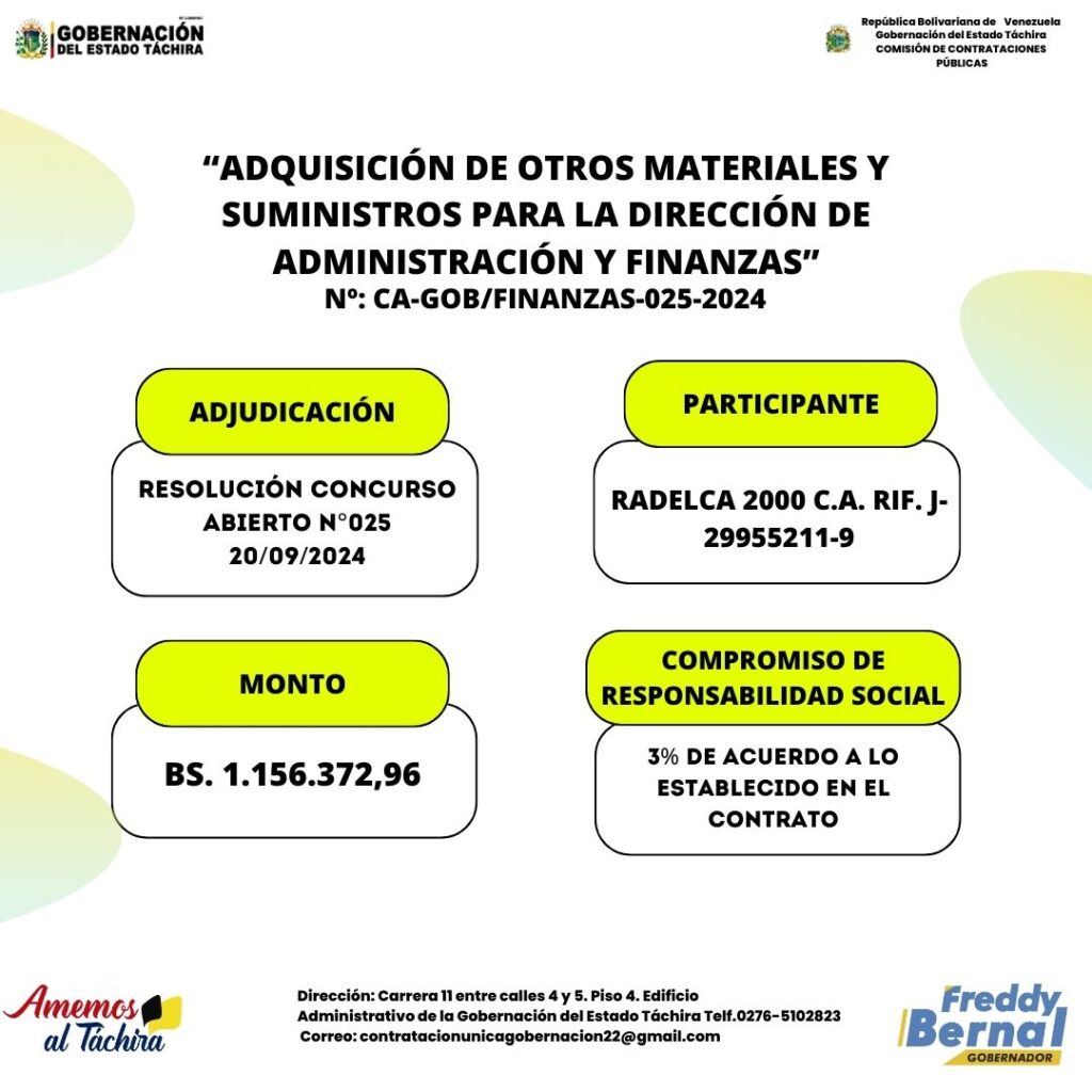ADJUDICACIÓN: “ADQUISICIÓN DE OTROS MATERIALES Y SUMINISTROS PARA LA DIRECCIÓN DE ADMINISTRACIÓN Y FINANZAS”