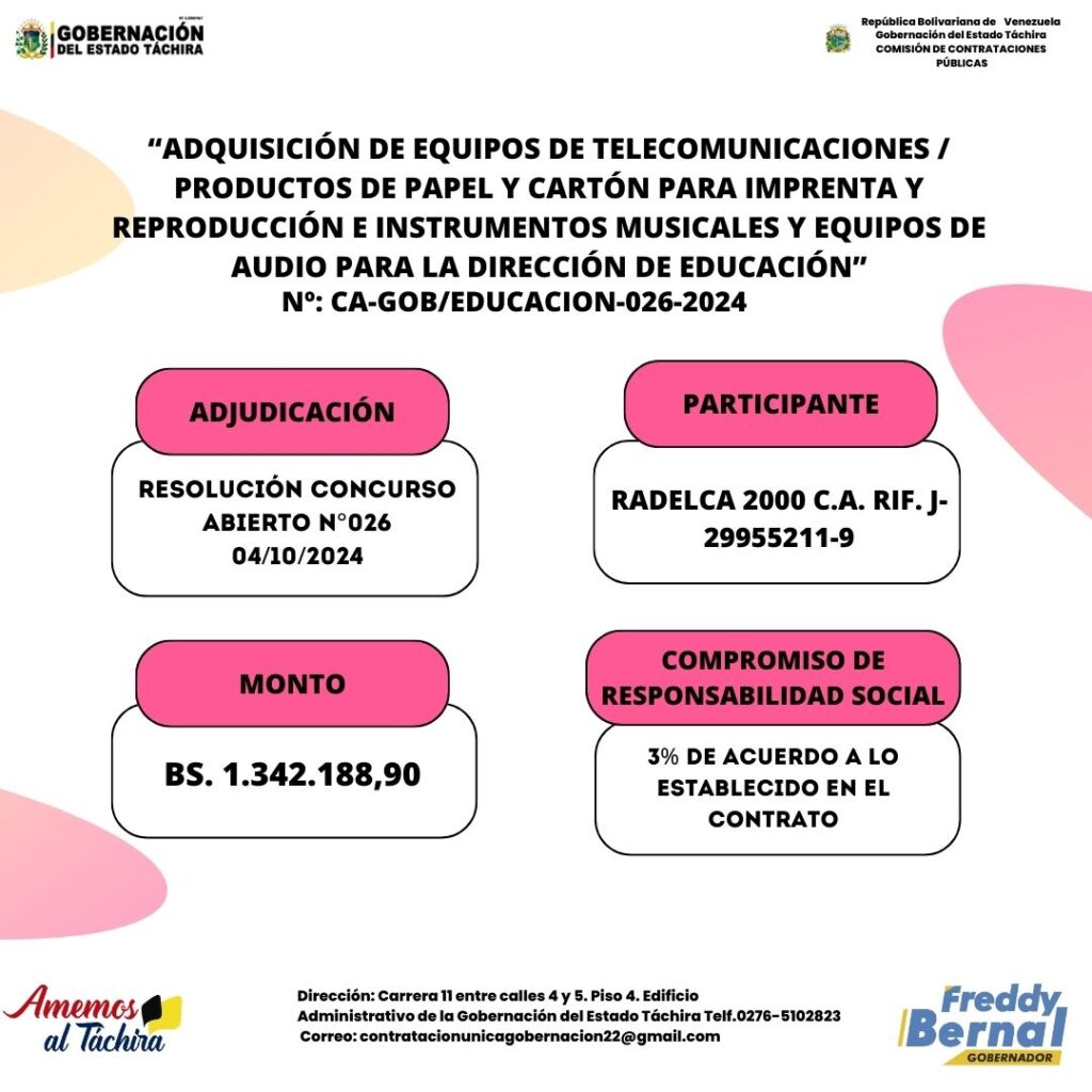 ADJUDICACIÓN: “ADQUISICIÓN DE EQUIPOS DE TELECOMUNICACIONES / PRODUCTOS DE PAPEL Y CARTÓN PARA IMPRENTA Y REPRODUCCIÓN E INSTRUMENTOS MUSICALES Y EQUIPOS DE AUDIO PARA LA DIRECCIÓN DE EDUCACIÓN”