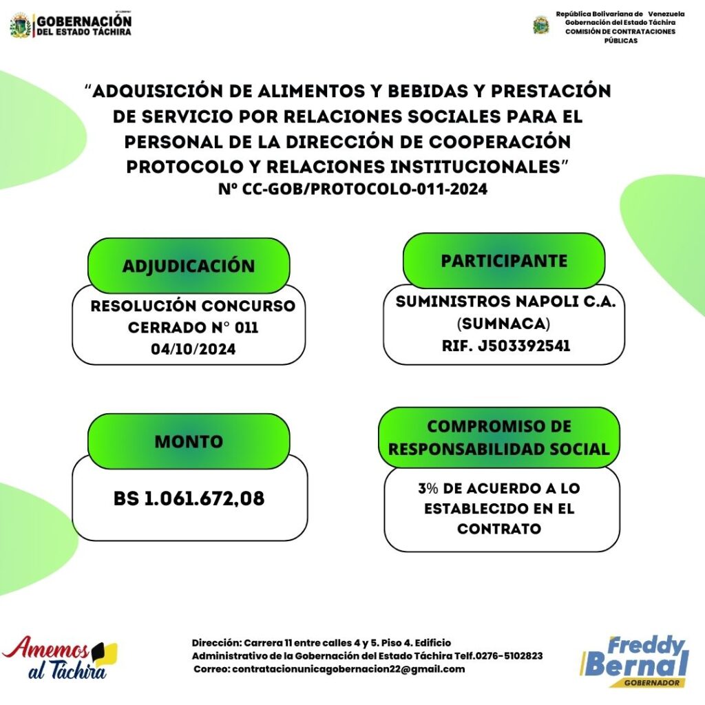Adjudicación; “ADQUISICIÓN DE ALIMENTOS Y BEBIDAS Y PRESTACIÓN DE SERVICIO POR RELACIONES SOCIALES PARA EL PERSONAL DE LA DIRECCIÓN DE COOPERACIÓN PROTOCOLO Y RELACIONES INSTITUCIONALES”