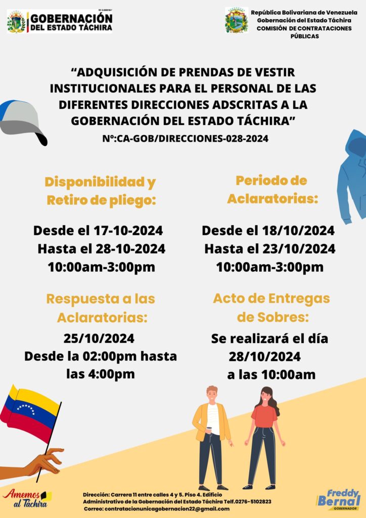 “ADQUISICIÓN DE PRENDAS DE VESTIR INSTITUCIONALES PARA EL PERSONAL DE LAS DIFERENTES DIRECCIONES ADSCRITAS A LA GOBERNACIÓN DEL ESTADO TÁCHIRA” 