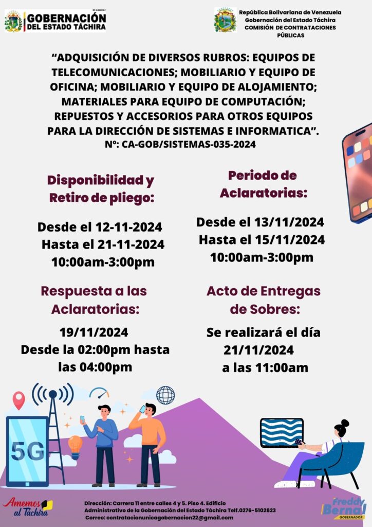“ADQUISICIÓN DE DIVERSOS RUBROS: EQUIPOS DE TELECOMUNICACIONES; MOBILIARIO Y EQUIPO DE OFICINA; MOBILIARIO Y EQUIPO DE ALOJAMIENTO; MATERIALES PARA EQUIPO DE COMPUTACIÓN; REPUESTOS Y ACCESORIOS PARA OTROS EQUIPOS PARA LA DIRECCIÓN DE SISTEMAS E INFORMATICA”
