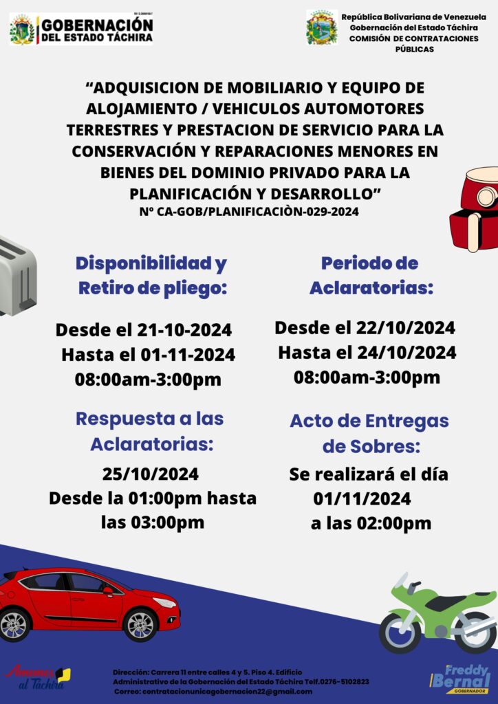 “ADQUISICION DE MOBILIARIO Y EQUIPO DE ALOJAMIENTO / VEHICULOS AUTOMOTORES TERRESTRES Y PRESTACION DE SERVICIO PARA LA CONSERVACIÓN Y REPARACIONES MENORES EN BIENES DEL DOMINIO PRIVADO PARA LA PLANIFICACIÓN Y DESARROLLO” 