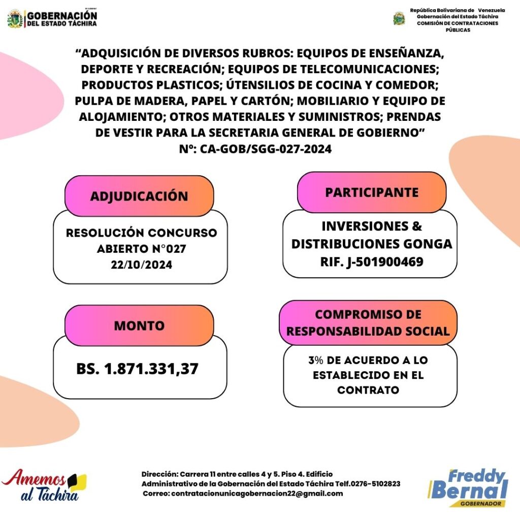 Adjudicación: “ADQUISICIÓN DE DIVERSOS RUBROS: EQUIPOS DE ENSEÑANZA, DEPORTE Y RECREACIÓN; EQUIPOS DE TELECOMUNICACIONES; PRODUCTOS PLASTICOS; ÚTENSILIOS DE COCINA Y COMEDOR; PULPA DE MADERA, PAPEL Y CARTÓN; MOBILIARIO Y EQUIPO DE ALOJAMIENTO; OTROS MATERIALES Y SUMINISTROS; PRENDAS DE VESTIR PARA LA SECRETARIA GENERAL DE GOBIERNO” 