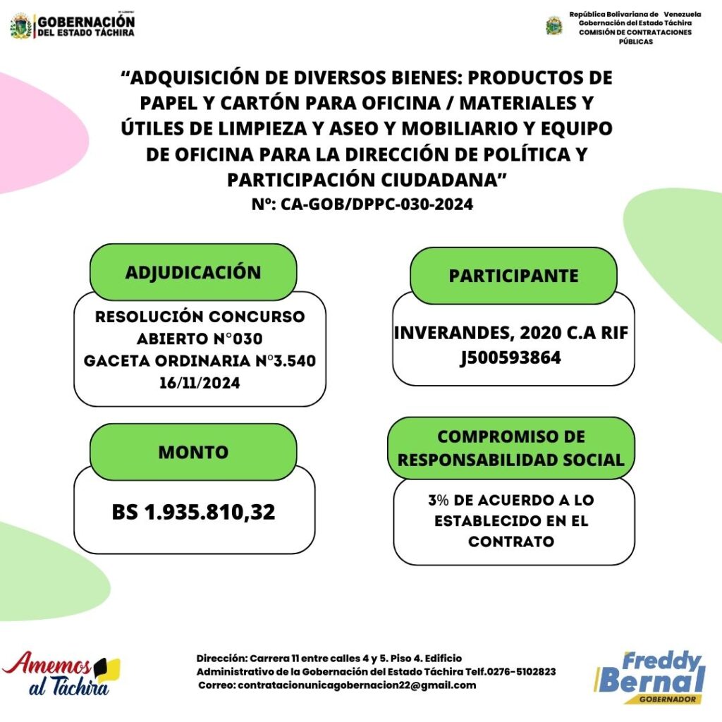 Adjudicación; “ADQUISICIÓN DE DIVERSOS BIENES: PRODUCTOS DE PAPEL Y CARTÓN PARA OFICINA / MATERIALES Y ÚTILES DE LIMPIEZA Y ASEO Y MOBILIARIO Y EQUIPO DE OFICINA PARA LA DIRECCIÓN DE POLÍTICA Y PARTICIPACIÓN CIUDADANA”
