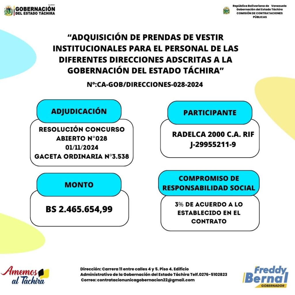 Adjudicación: “ADQUISICIÓN DE PRENDAS DE VESTIR INSTITUCIONALES PARA EL PERSONAL DE LAS DIFERENTES DIRECCIONES ADSCRITAS A LA GOBERNACIÓN DEL ESTADO TÁCHIRA” 
