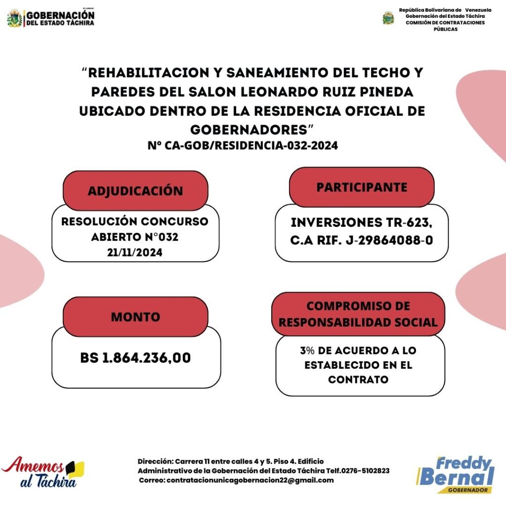 Adjudicación:“REHABILITACION Y SANEAMIENTO DEL TECHO Y PAREDES DEL SALÓN LEONARDO RUIZ PINEDA UBICADO DENTRO DE LA RESIDENCIA OFICIAL DE GOBERNADORES”
