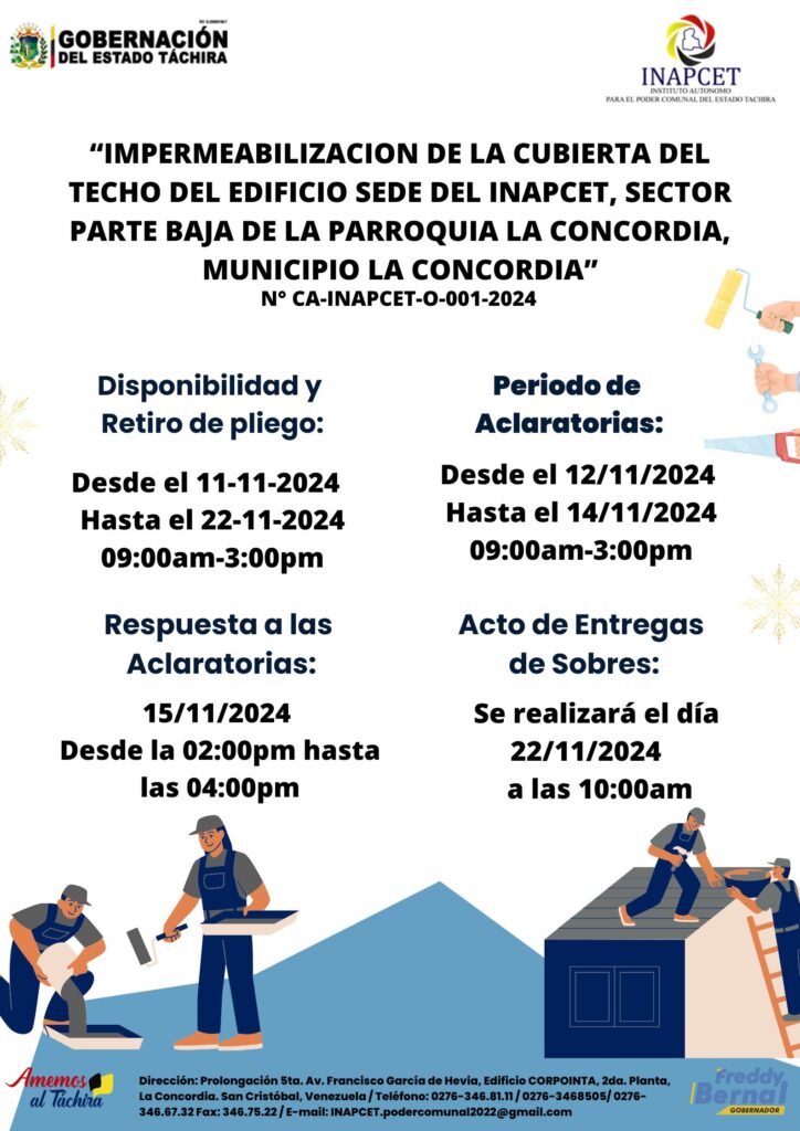 “IMPERMEABILIZACION DE LA CUBIERTA DEL TECHO DEL EDIFICIO SEDE DEL INAPCET, SECTOR PARTE BAJA DE LA PARROQUIA LA CONCORDIA, MUNICIPIO LA CONCORDIA”